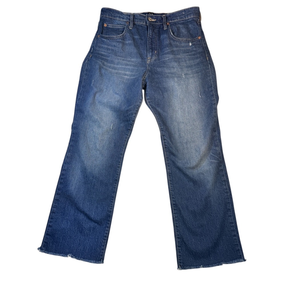 GAP Denim High Rise Flare Jeans Raw Hem Distressed Blue Wash Women 8/29 1969